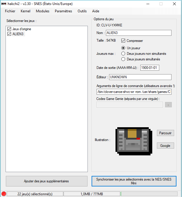 hakchi : ajout d"un jeu à la mini-snes